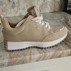 DKNY Beige and White Platform Lace-Up Sneakers